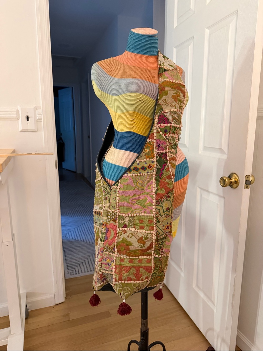 Embroidered Patchwork Maxi Skirt with Tassel Trim - Green Multi